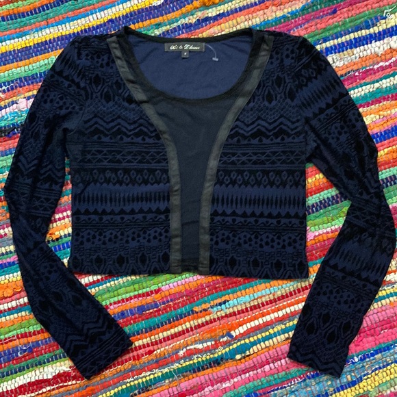 Dolls Kill Tops - DK x Hot&Delicious Blue/Black Mesh front Velvety Long-Sleeve Fitted Crop NWOT